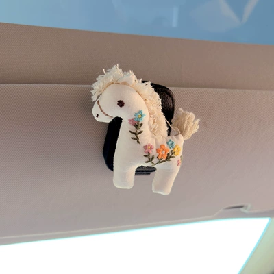 Car Glasses Clip/Bill Clip, Cute Cartoon Pony Car - embroidered-horse-white-black-glasses-clip