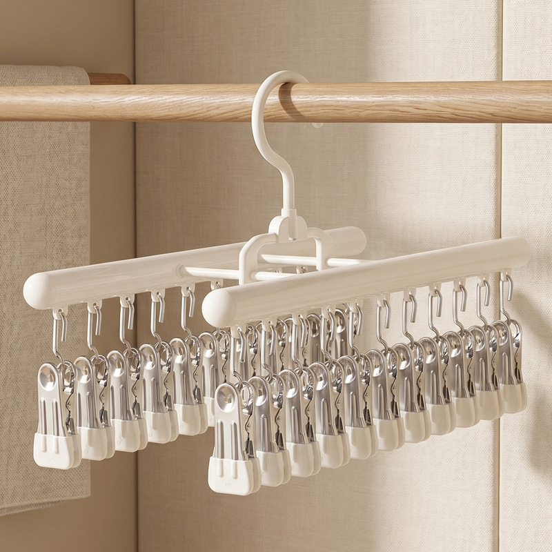 Double Row Multi-Clip Sock Drying Rack for Home Use, Windproof, Non-Marking Stainless Steel Clips, Balcony Sock Drying Tool, Storage Hanging Rack