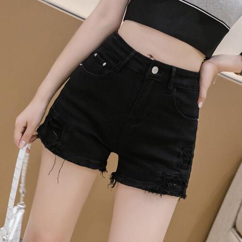 White Elastic Fitted Slimming Denim Shorts for Women Summer High-Waisted Frayed Holes Hot Pants for Outdoor Wear, Versatile and New