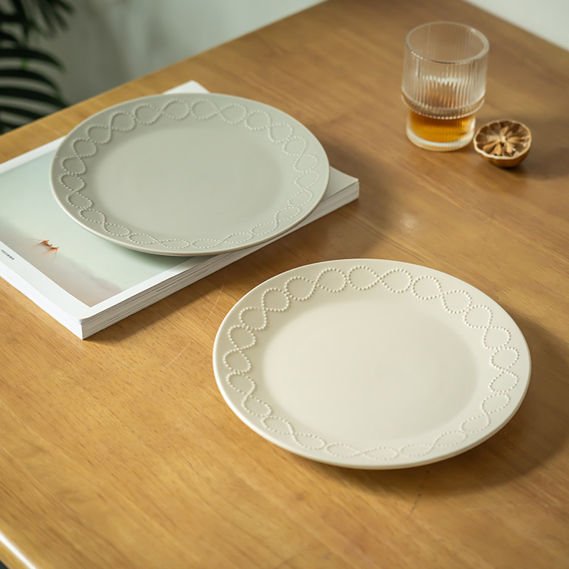 Plato de cerámica simple de bobina de perlas, plato de carne, plato de pasta, plato de desayuno, plato de curación casera