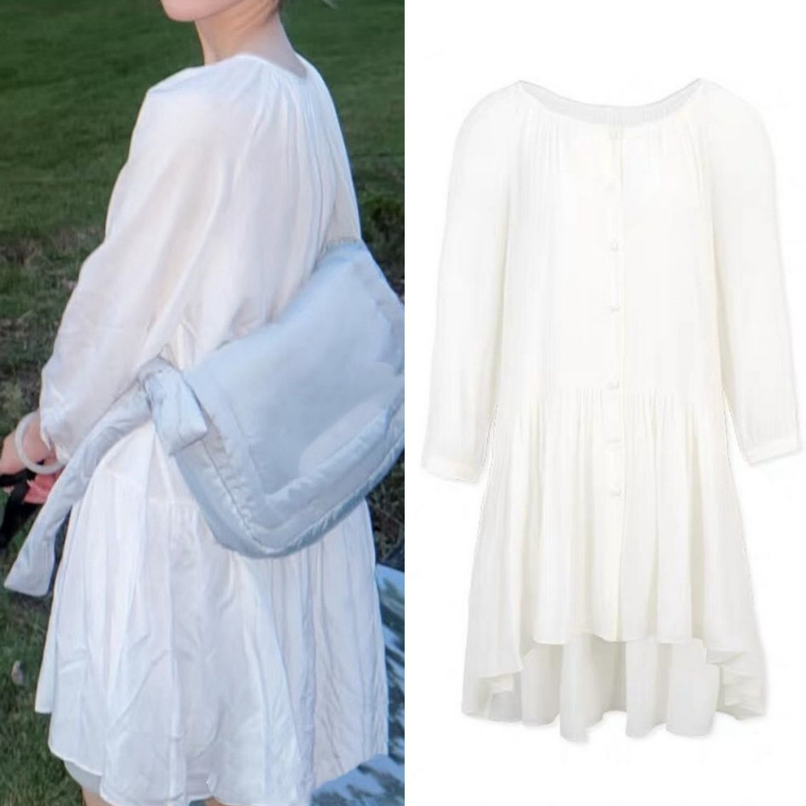 明星同款简约纯色拼接压褶设计感长袖宽松圆领休闲百搭衬衫连衣裙