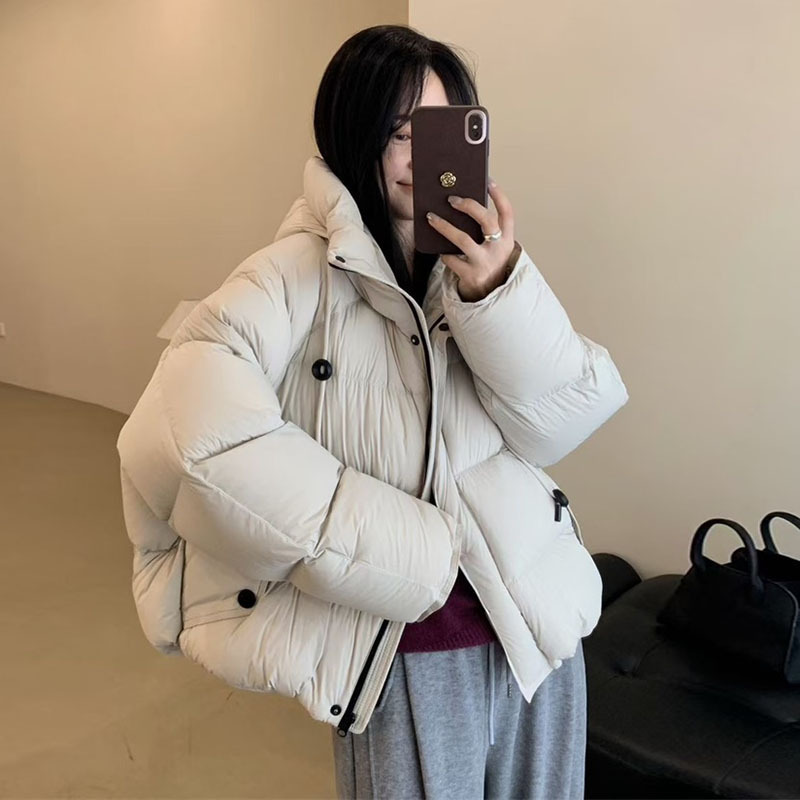 高端连帽泡芙感羽绒服女2025冬季抽绳保暖宽松白鸭绒面包服外套潮|undefined