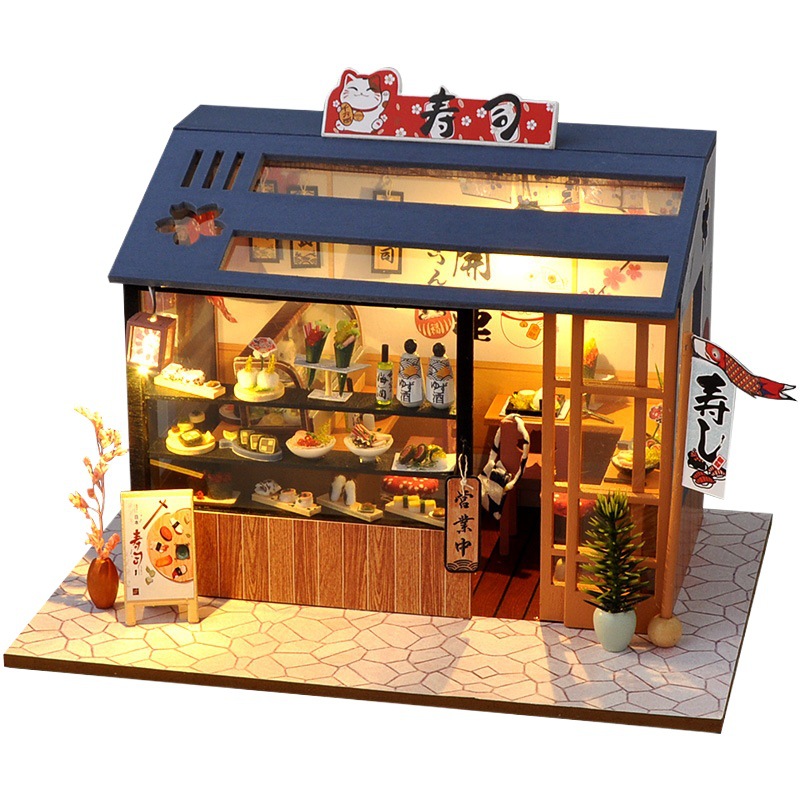 Casa hecha a mano de bricolaje restaurante de sushi japonés modelo de ensamblaje de construcción de juguetes en miniatura para construir una casa regalo de cumpleaños para niñas