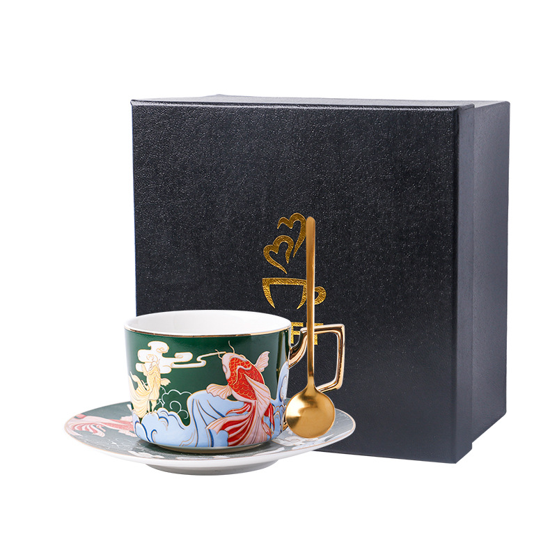 Caja de regalo-verde-carpa taza y platillo cuchara