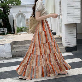 彩虹岛2026度假风艺术感油画彩条半身裙垂感百褶裙长裙