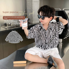 Douboov2023春夏新品兒童斑馬襯衫男女中小童長短袖內搭韓版襯衣