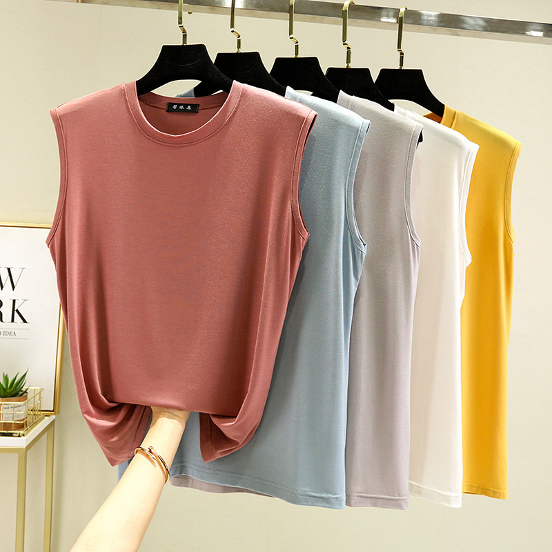 Summer Round Neck Modal Sleeveless Vest for Women Loose Thin Slim Top Large Size with Pure Color Korean Style Bottoming
