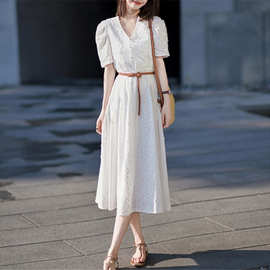 夏装2023新款韩系优雅仙女裙子女中长款气质白色蕾丝收腰连衣裙
