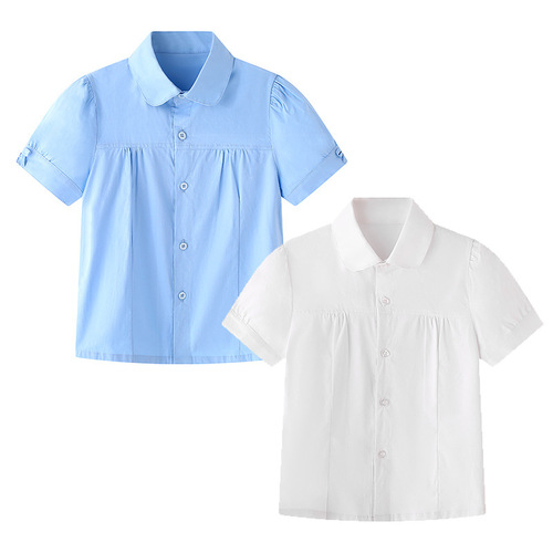 女童短袖衬衣夏季薄款2021棉学院风白色圆领衬衫中大童校服代发