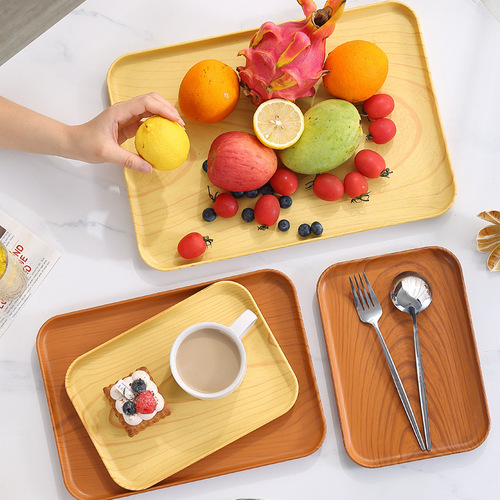 Cross-border ins tray home living room wood grain tea tray hotel restaurant commercial rectangular plastic tray fruit tray