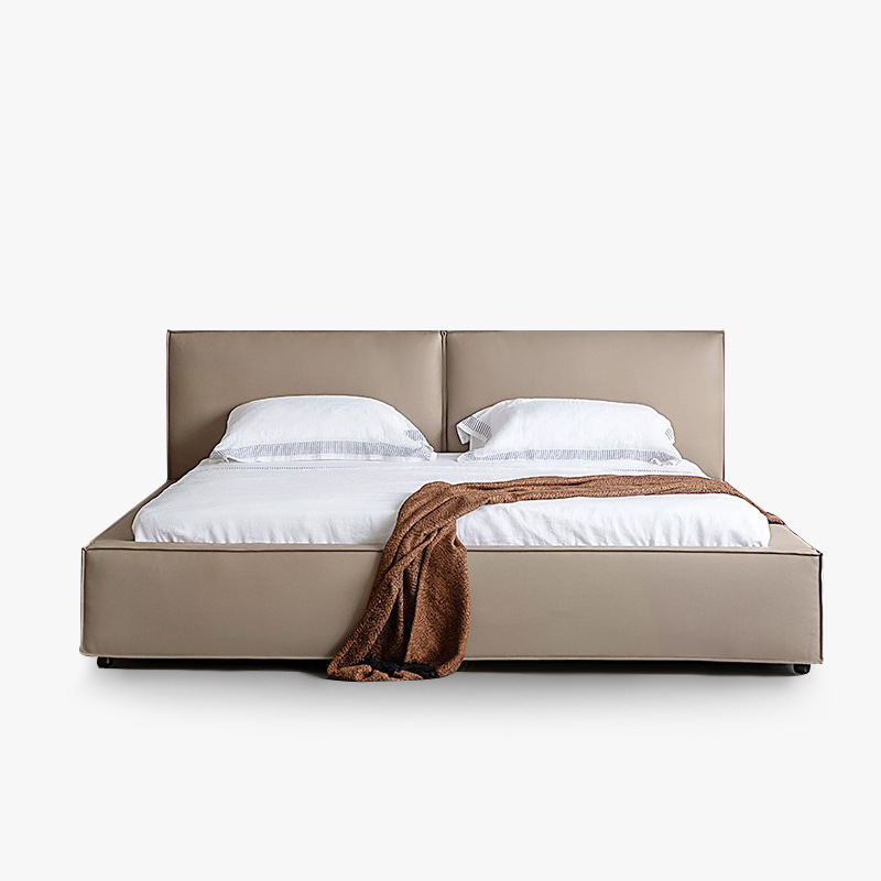 Minimalist tofu block leather bed designer simple down headboard first-layer cowhide master bedroom double bed 1.8 wedding bed