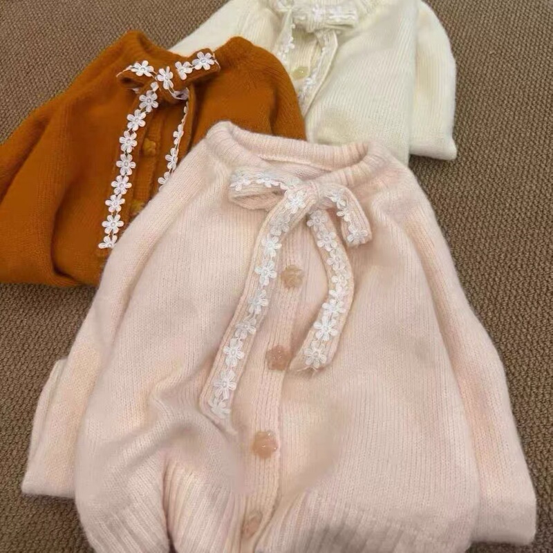 Pink Bow Lace-Up Round Neck Knit Cardigan for Women, New Autumn/Winter Sweet and Youthful Sweater Coat
