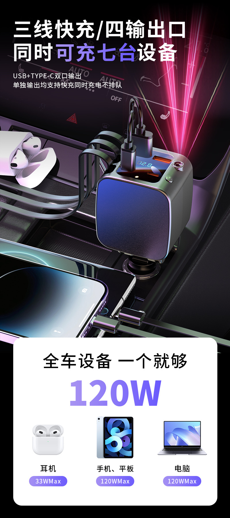 Car Charger with Super Fast Charging and Built-In Retractable Cable, Suitable for Apple 17, Huawei, Xiaomi Phones, and Universal for Starry Sky Car Interiors