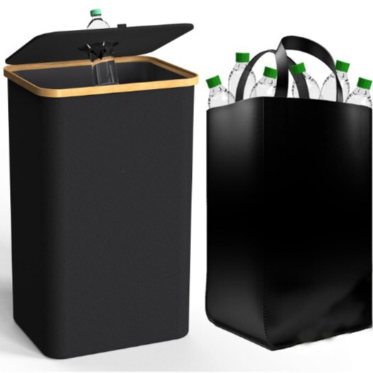 Bamboo classification recycling bottle storage basket trash can large foldable beverage bottle recycling box with lid with inner bag