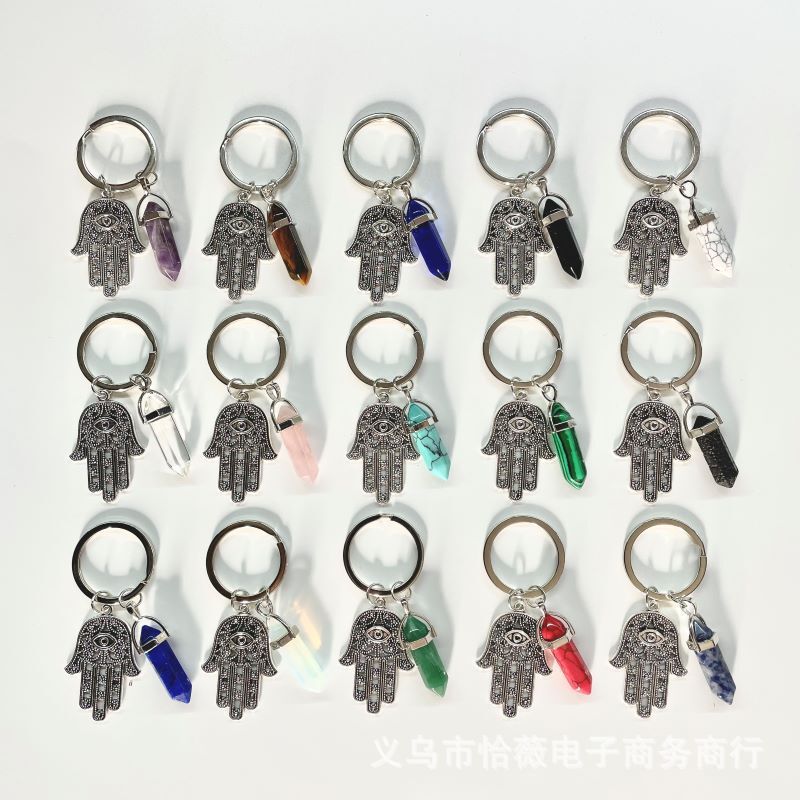 European and American Cross-Border Foreign Trade Jewelry Natural Crystal Hexagonal Column Keychain Fatima Evil Eye Palm Keychain