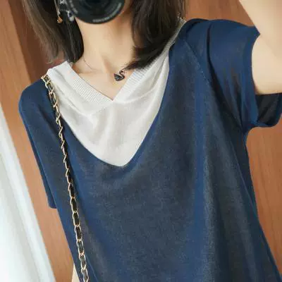 Поддельная Женская летняя футболка 2021 с капюшоном и коротким рукавом, новая свободная стройнящая тонкая трикотажная футболка с коротким рукавом