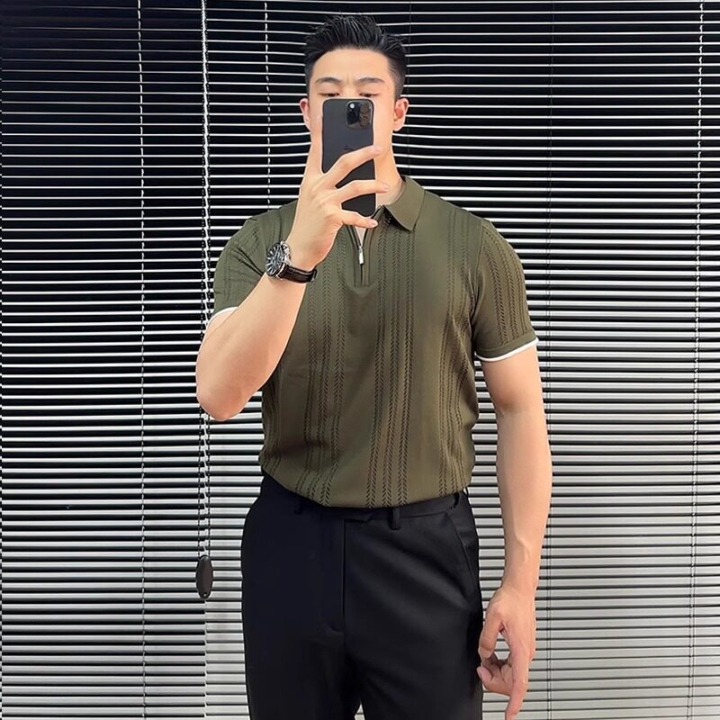 Polo camiseta de punto camiseta de manga corta hombre solapa medio cremallera hueso de pez hueco camiseta de hielo de verano fábrica transfronteriza al por mayor