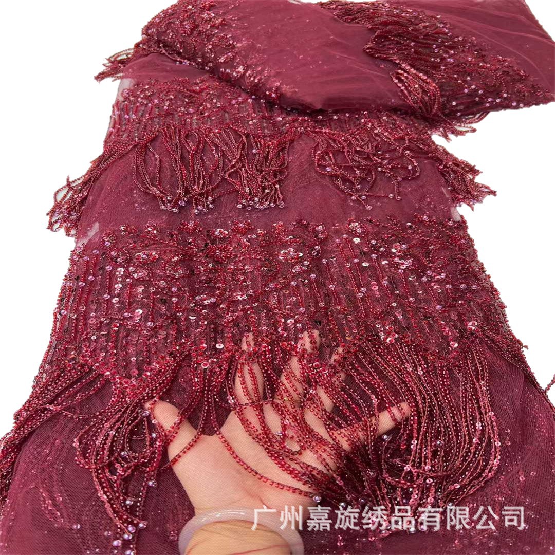 Red francesa de encaje de alta calidad vestido de boda especial hilo de malla transpirable bordado de bordado de tubo de perlas