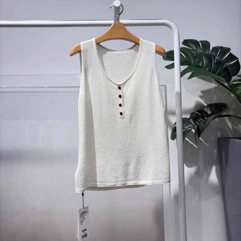 Versatile Round-Neck White Knitted Vest for Women, Summer Sleeveless mm Knitwear 26H4, New Model 533170 Cotton