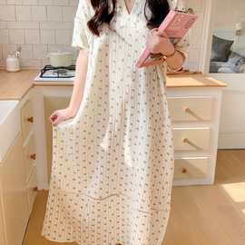 实拍夏装新款睡衣女甜美双层棉纱V领花边短袖连衣裙家居服睡裙