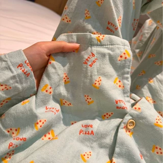 100棉！ 奶绿披萨磨毛加厚家居服翻领长袖长裤睡衣套装可外穿有口