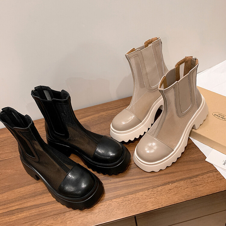 Boot ngắn nữ da bò mũi tròn đế dày thoáng khí khóa kéo sau — Màu đen, Màu mơ chi tiết 114