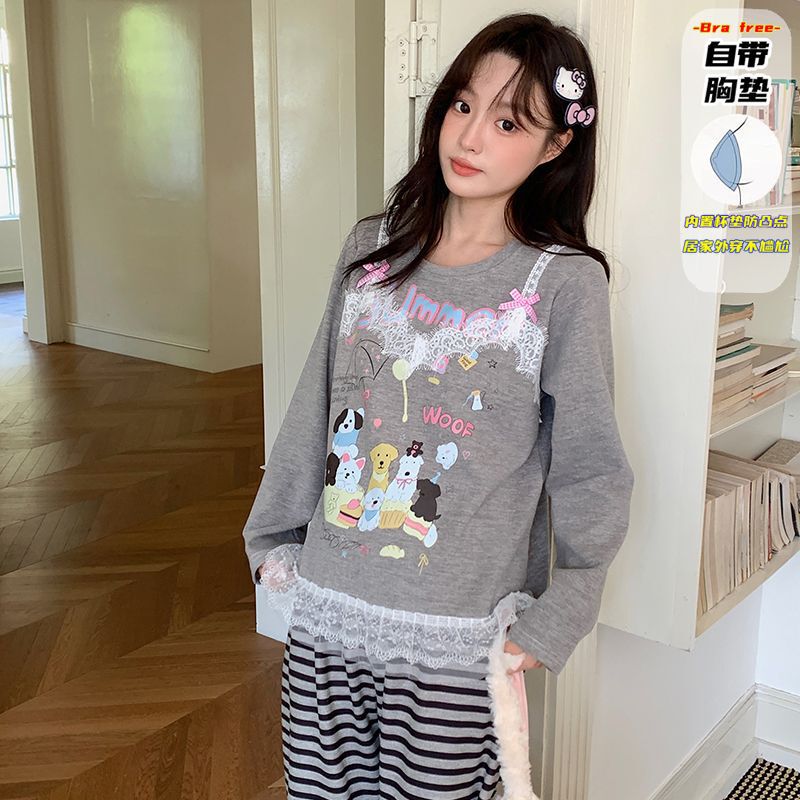 直播睡衣女秋冬新款保暖长袖羊绒蚕丝韩系甜美花边卡通家居服套装|undefined