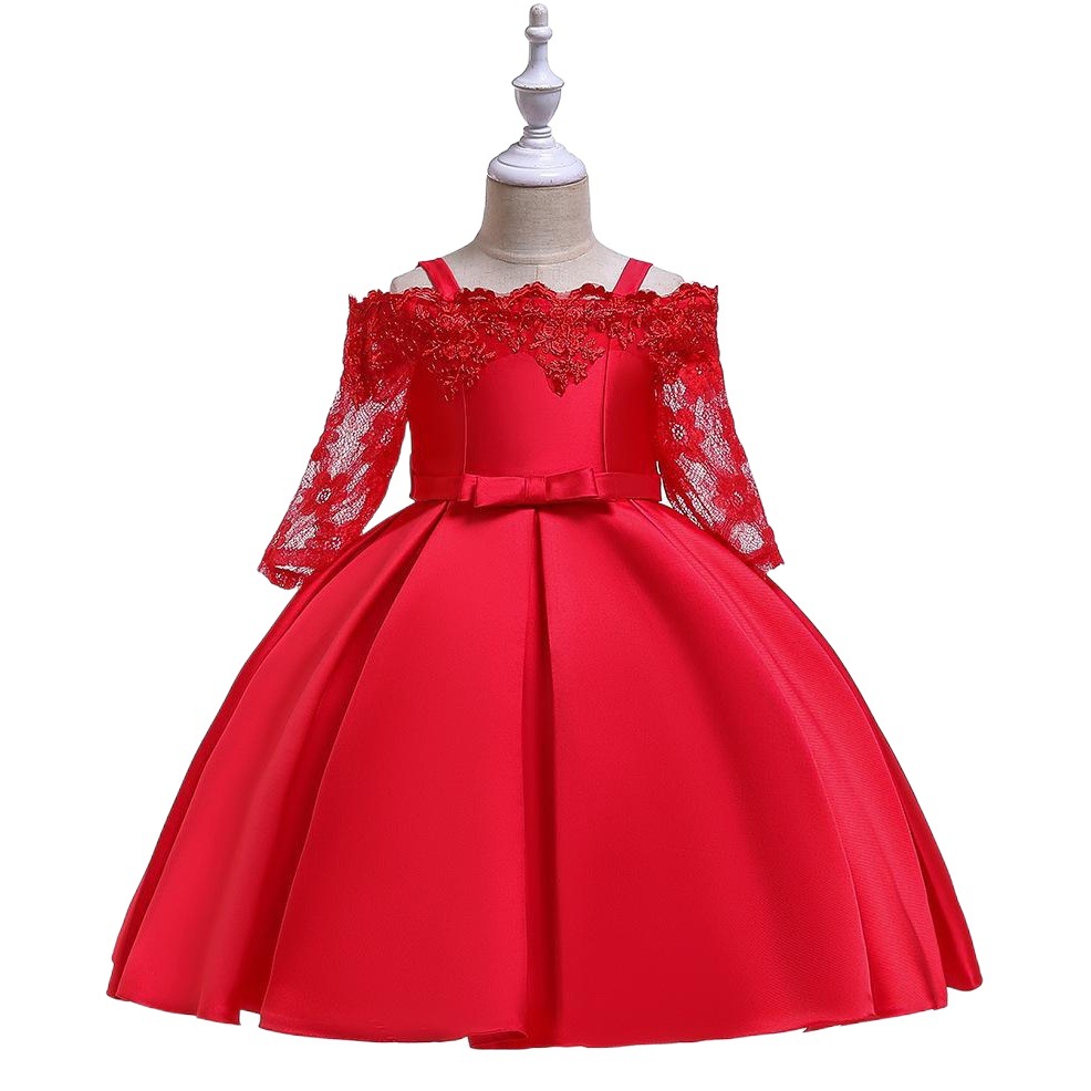 Nueva ropa infantil: vestido de princesa para niñas con tirantes descubiertos, vestido de manga larga con encaje calado, vestido bordado de satén.