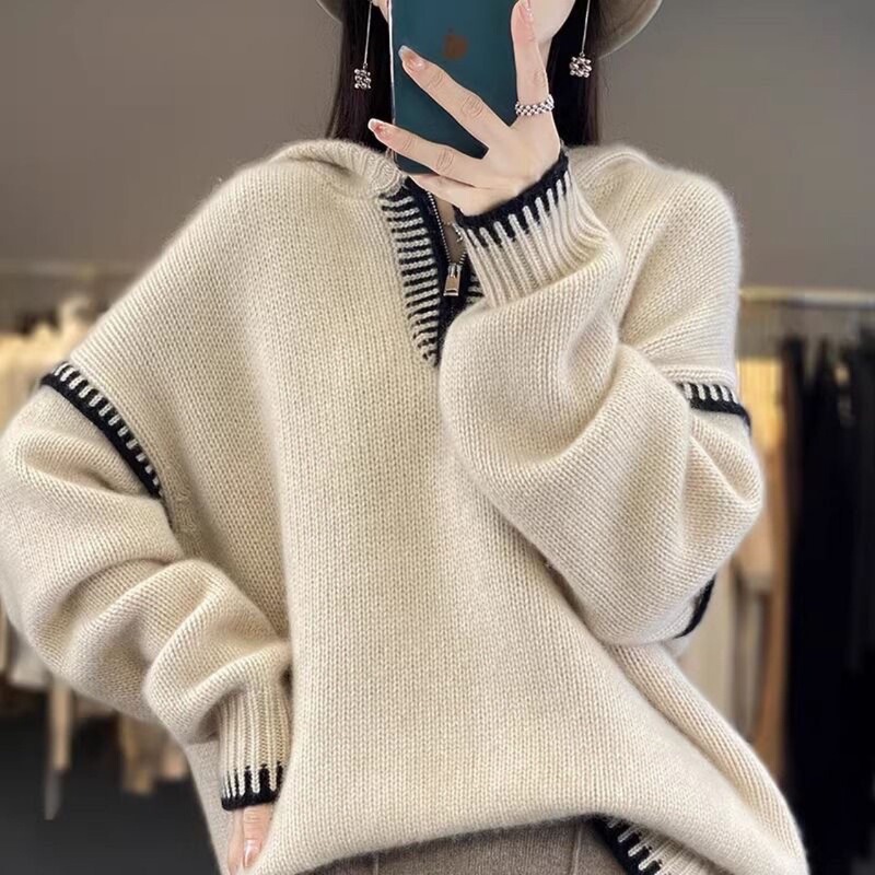 [Counter plus size] Zipper Autumn and Winter New Hooded Knitwear Design Loose Casual Thickened Lazy Top Women