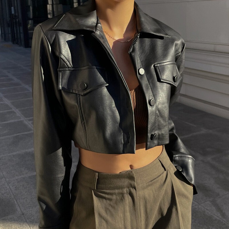 European and American Street Style Biker Leather Jacket with Lapel and Button-Up Design, Sexy Cropped Jacket for Women in Autumn European and American Street Style Biker Leather Jacket with Lapel and Button-Up Design, Sexy Cropped Jacket for Women in Autumn