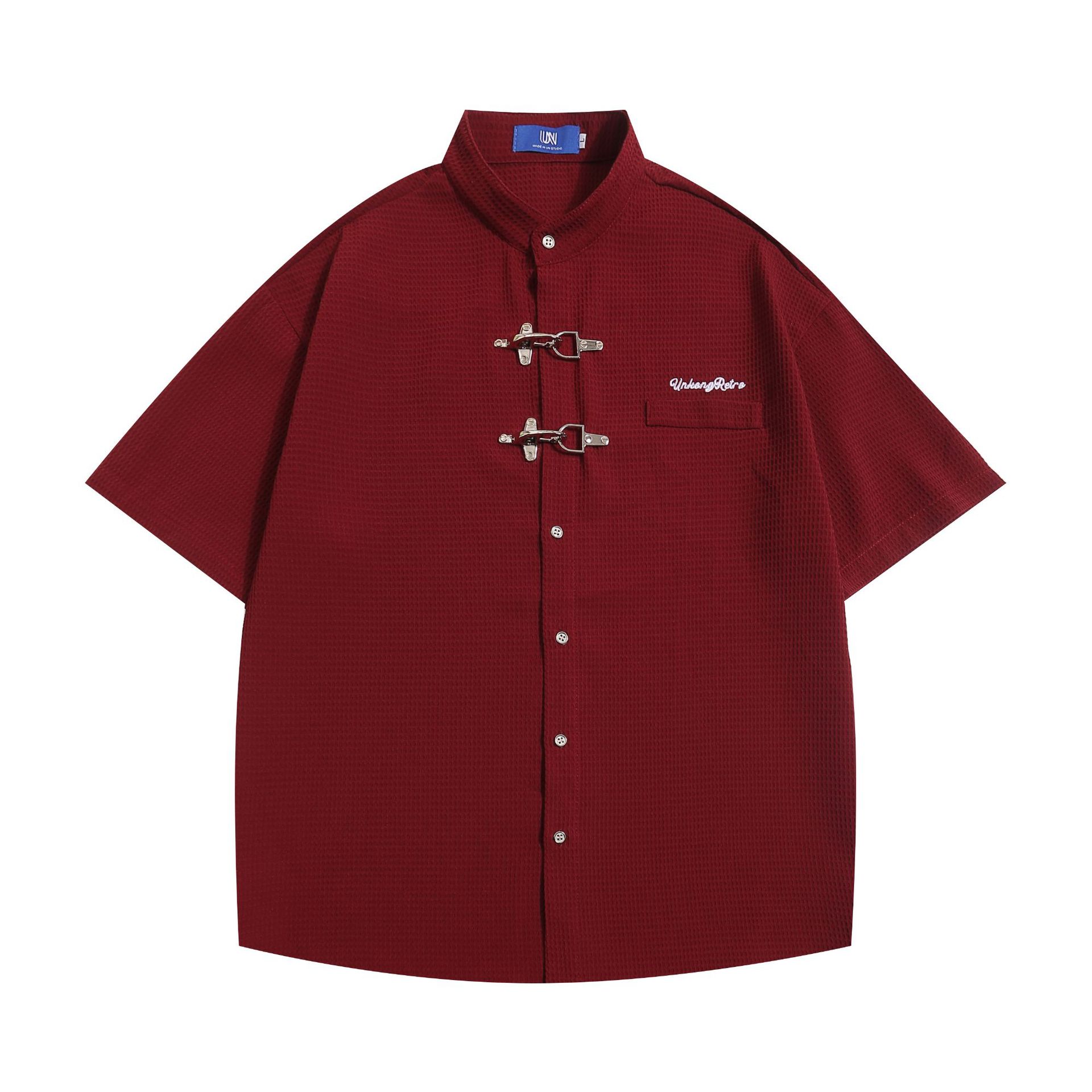 Metal Buckle Cardigan Shirt Men's Summer High Street Trendy Design Sense Loose Casual Waffle Short Sleeve Shirt