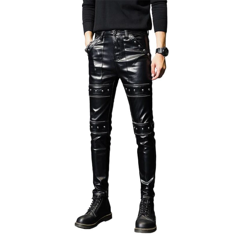 Персонализированные кожаные брюки с заклепками, мужские корейские облегающие Толстые Леггинсы, мужские подростковые черные брюки, в наличии оптом