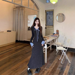 2025早秋韩系格纹拼接连衣裙子女秋冬季新款修身高级感内搭长裙子