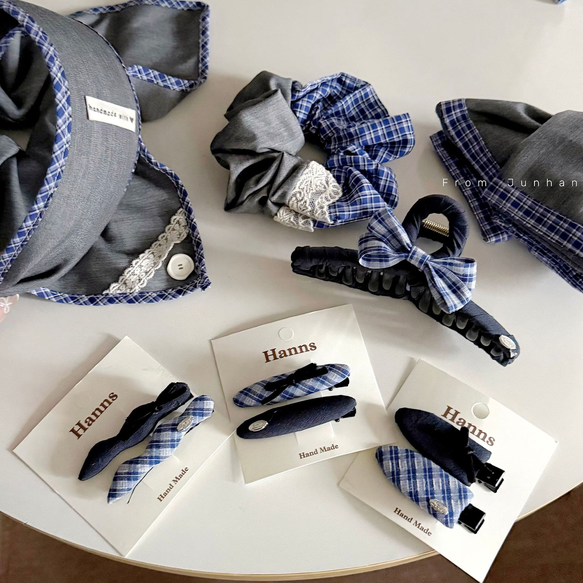 south korea blue gray stitching lace plaid barrettes bow fabric large intestine hair ring high sense hairtie all-match hair