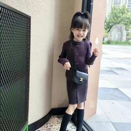 女童2023韩版时髦针织纯色坑条连衣裙秋装新款儿童毛线直筒裙子