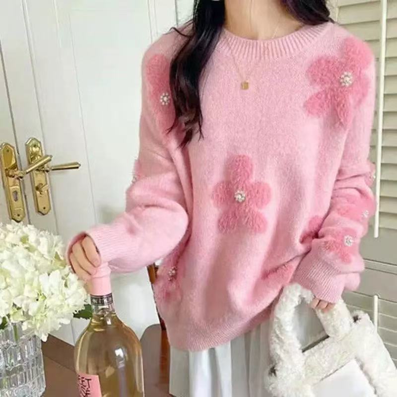 2026 Autumn and Winter New Korean Style Floral Round Neck Sweater for Women, Fashionable and Stylish Three-Dimensional Knitwear, Loose Fit
