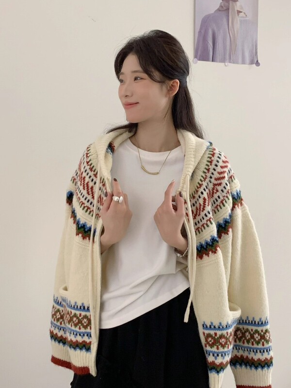 复古费尔岛氛围感连帽毛衣外套女2025新款秋冬慵懒风宽松针织开衫|undefined