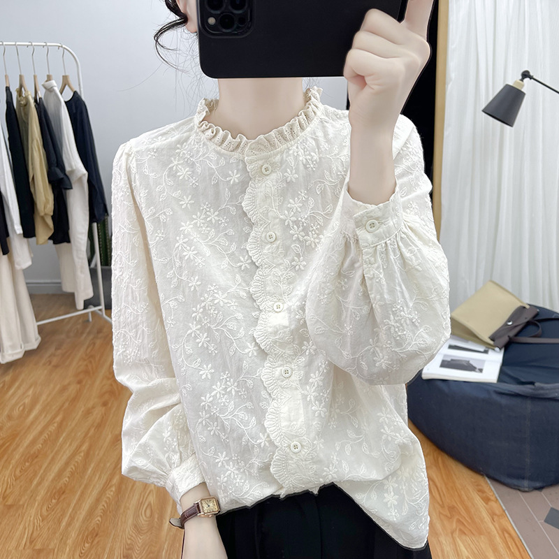 Korean Style Fungus Lace Collar Cotton Lace Embroidered Long Sleeve Shirt Women's 2025 Spring Shirt high quality Top
