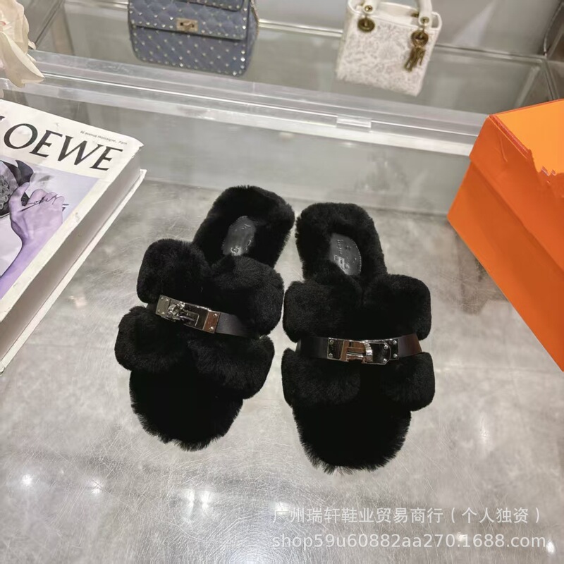 欧站外贸2025新款高端高颜值金属扣毛毛拖鞋女皮毛一体外穿一字拖|undefined
