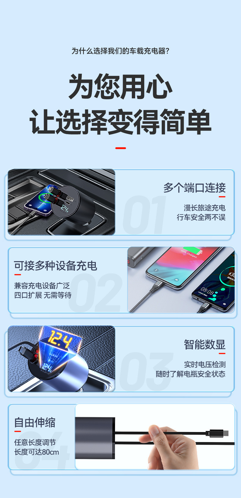 Car Charger 100W Super Fast Charging Dual-Line Flash Charging Retractable Car Charger Factory Wholesale