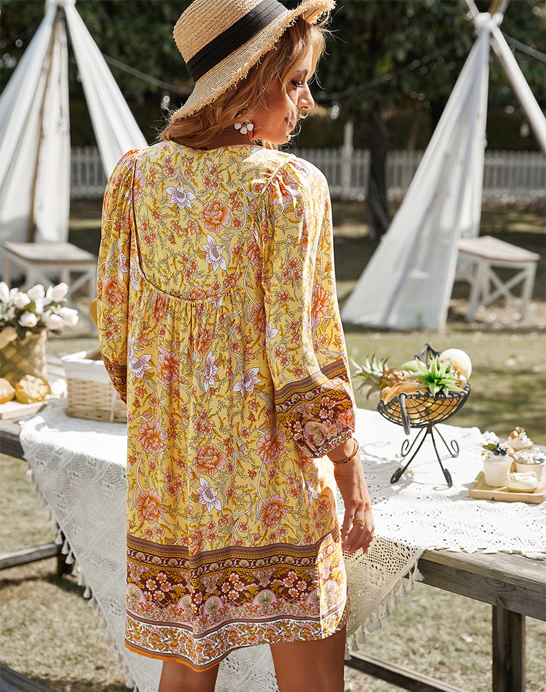 V Neck Long Sleeve Loose Lace-Up Flower Print Dress NSDY114682