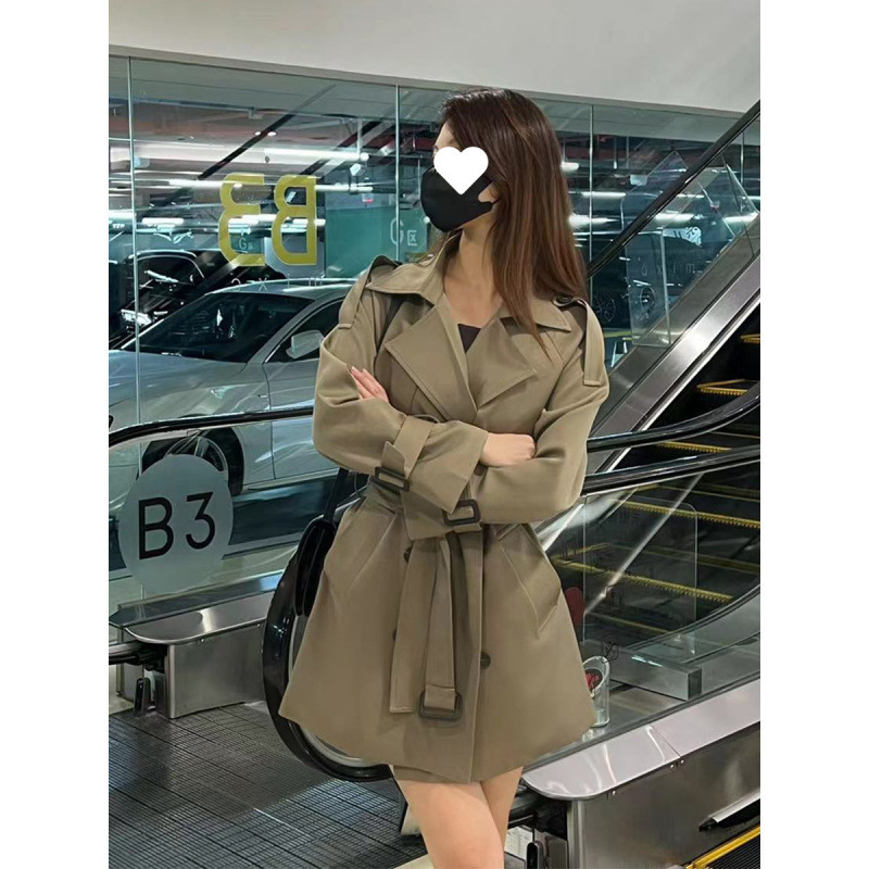 军绿色短款风衣女春秋新款都市风双排扣小个子短款风衣外套女|undefined