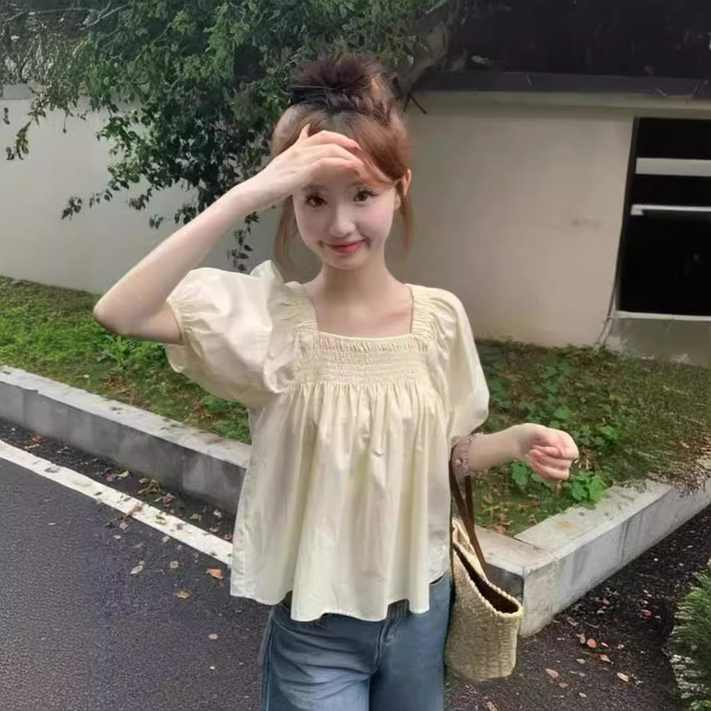 Super Fairy Solid Color Fresh Square Collar Short-Sleeved Shirt for Women Summer College Style Babydoll Collarbone Puff Sleeve Short Top