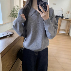 2025新型韓国版怠惰風Polo襟ファッション百合頭デザイン感毛ニット服大衆上着