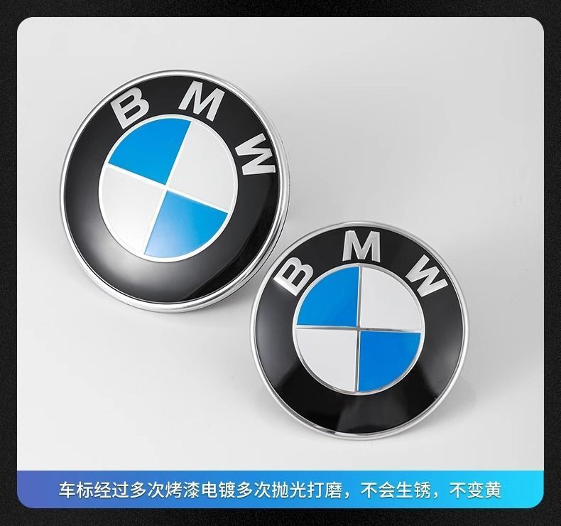 BMW original factory-sized front and rear emblems for 3 Series, 5 Series, X3, X5, X1, X6, X7, Z4, GT, hood, tail, and wheel hub covers
