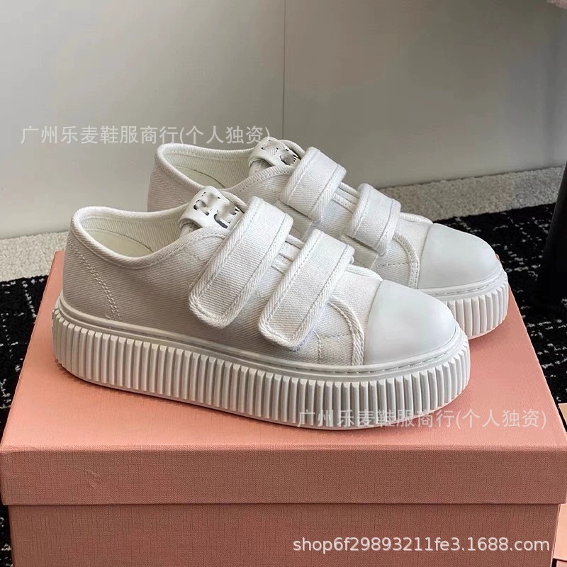 高品质~miu家新款厚底饼干帆布板鞋懒人一脚蹬休闲后空半拖小白鞋|undefined