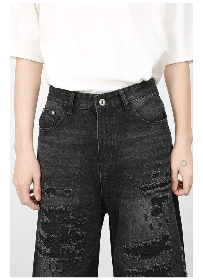 Quần jean nam ống rộng denim rách giặt cũ phong cách đường phố — Màu xanh lam, Đen xám chi tiết 11