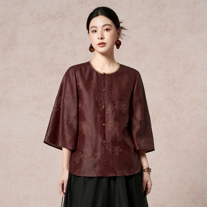 26 Spring [100% Mulberry Silk] Xiangyunsha Chinese-Style Round-Neck Jacquard Shirt, Silk National Style Top 3019