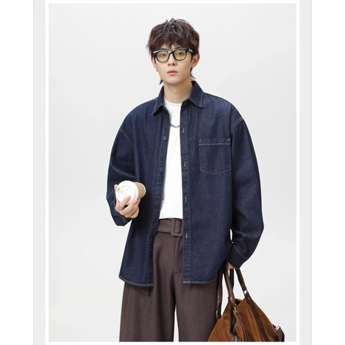 Men's Cuffed Denim Shirt 2025 Spring and Autumn New Washed Loose Jacket Outerwear Trendy Brand Compatible Casual Shirt