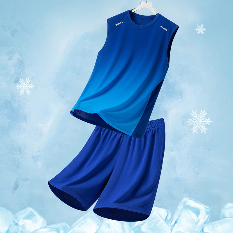 Traje deportivo para hombres, traje casual para hombres de verano, pantalones cortos de chaleco de secado rápido transpirables de dos piezas sueltos con gradiente impreso para hombres